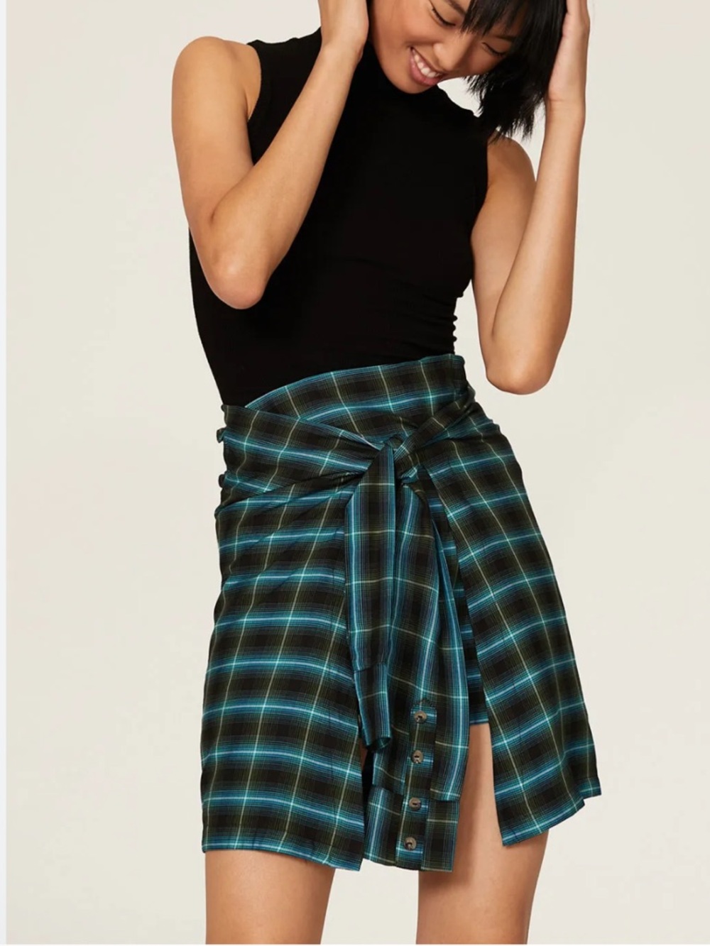 For Love & Lemons Teal and Black Plaid Tie-Front Skirt